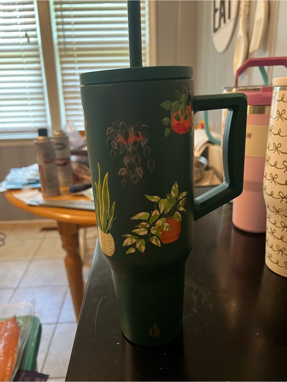 Matte Forest Green Travel Mug with Potted Plant Artwork